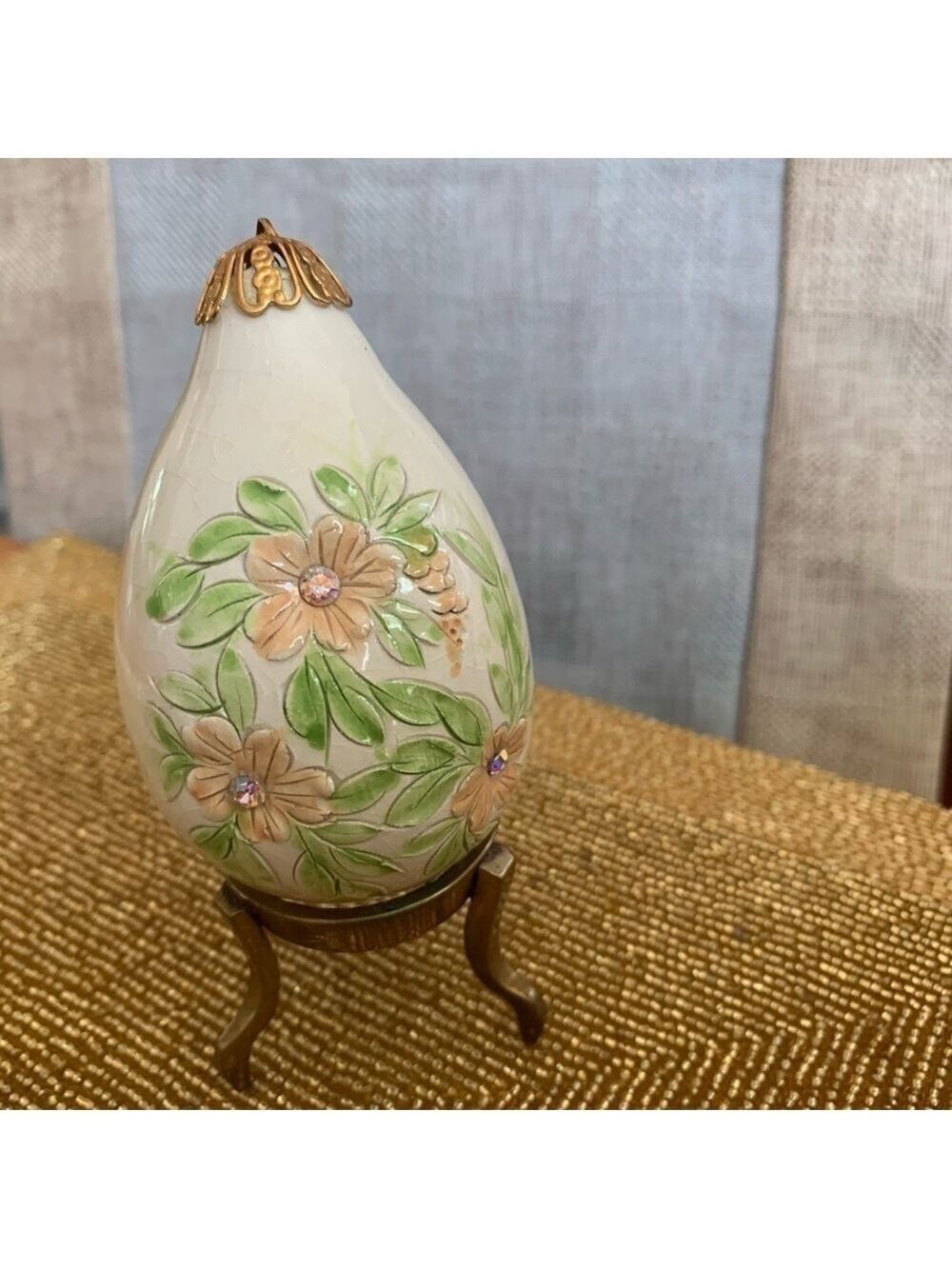Vintage Porcelain Hand Painted Floral Ornament Pear Shape Brass Stand